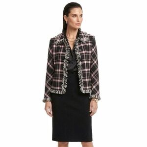 ST. JOHN Santana Knit Pink & Black Plaid Mesh-Fringe Trim Jacket Blazer Size 10